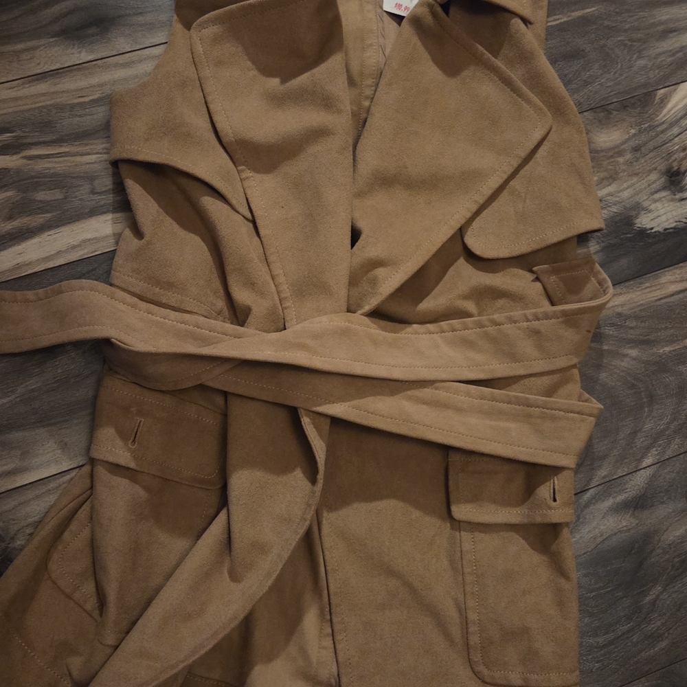 Express Tan Sleeveless Belted Coat